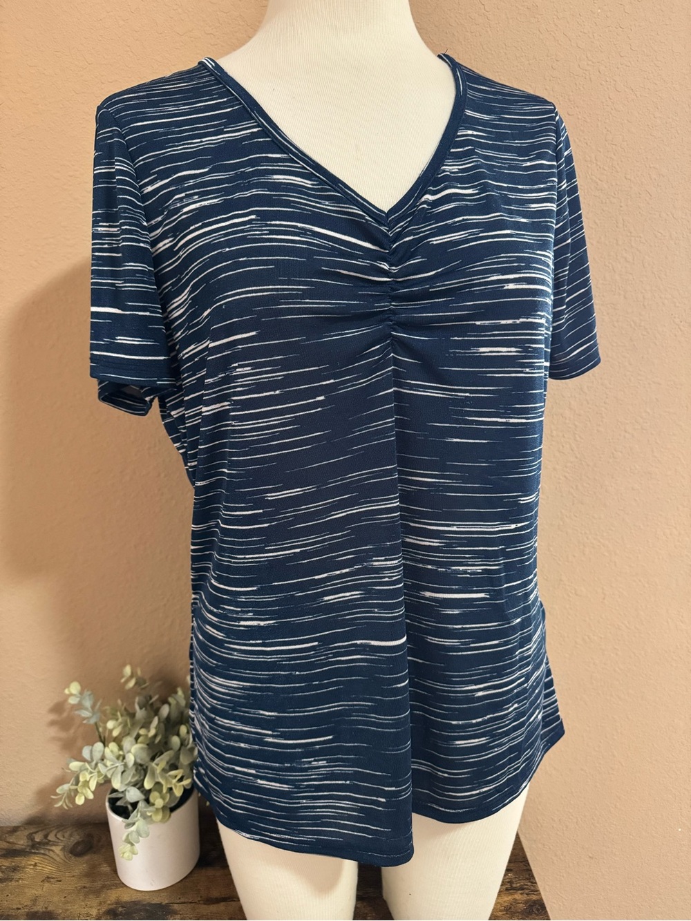 Jaclyn Smith Navy and White Stripe V-Neck Short Sleeve Top